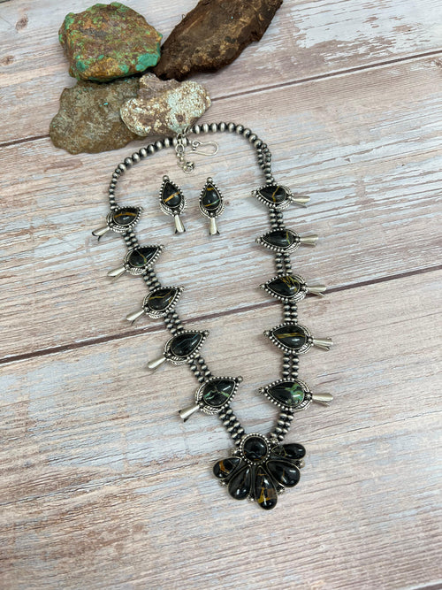 Handmade Sterling Silver Blackjack Turquoise Beaded Necklace Earrings Set with Signed Nizhoni