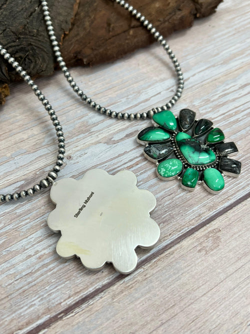 Handmade Sterling Silver Emerald Rose Beaded Necklace with Signed Nizhoni