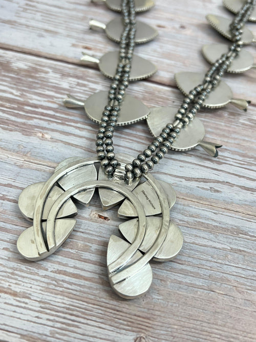 Handmade Sterling Silver Black Jack Beaded Squash Blossom Necklace with Signed Nizhoni