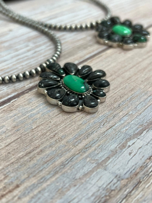 Handmade Sterling Silver Emerald Rose Beaded Necklace with Signed Nizhoni