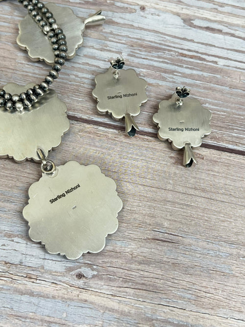 Handmade Sterling Silver Blackjack Turquoise Beaded Blossom Necklace Earrings Set with Signed Nizhoni