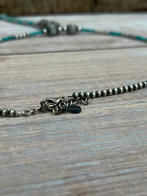 Handmade Sterling Silver Kingman Turquoise Beaded Necklace with Signed Nizhoni