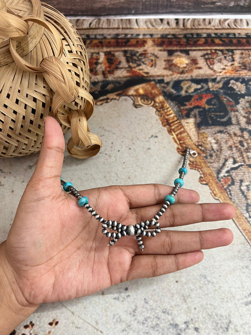 Handmade Sterling Silver Beaded Kingman Turquoise Bow Hat Band