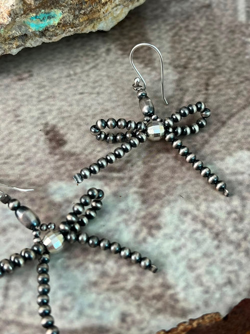 Handmade Sterling Silver Hook Dangle Bow Beaded Earrings