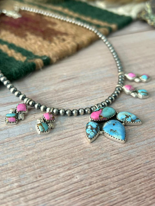 Handmade Sterling Silver Golden Hills with Cotton Candy Beaded Necklace "Signed Nizhoni"