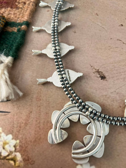 Handmade Sterling Silver Hardy Pit Collection: Beaded Squash Blossom Naja Necklace Signed Nizhoni