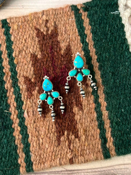 Handmade Sterling Silver Santa Maria Turquoise Post Dangle Beaded Earrings Signed Nizhoni