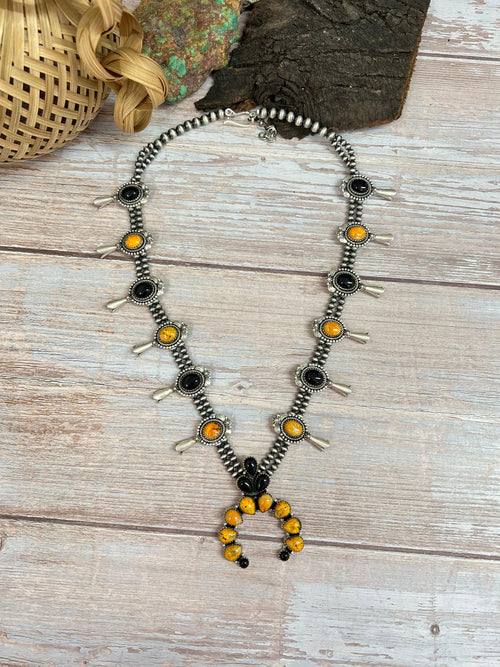 "Halloween Collection" Handmade Sterling Silver Black Onyx, Bumblebee Bat Squash Blossom Beaded Necklace with Signed Nizhoni