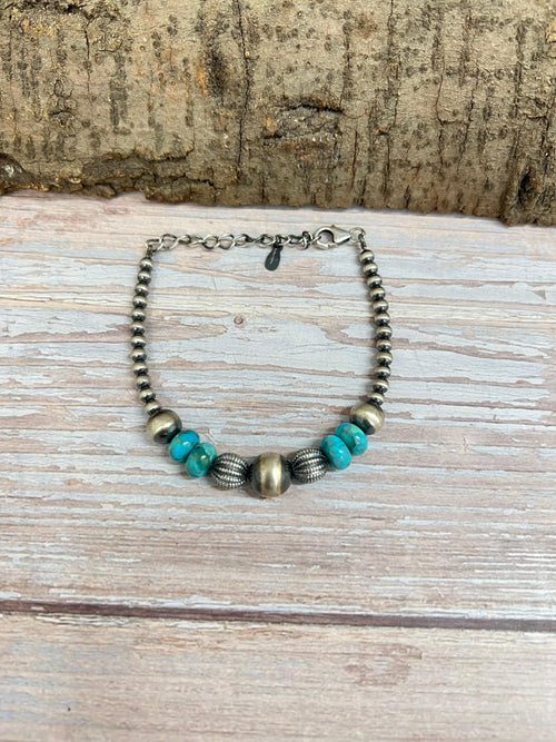 Handmade Sterling Silver Kingman Turquoise Beaded Bracelet with Signed Nizhoni