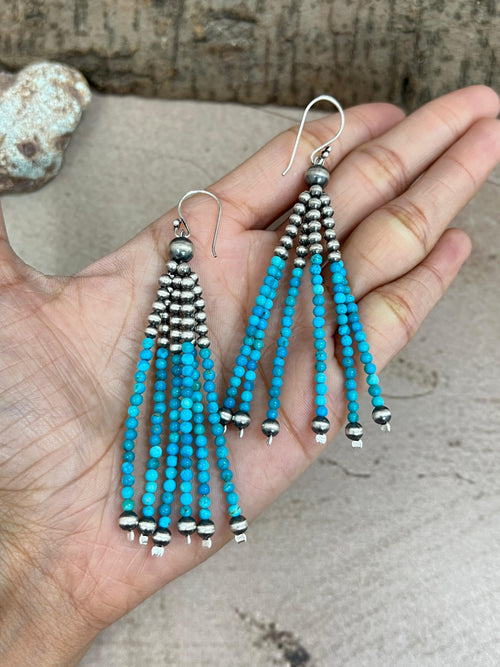 Handmade Sterling Silver Kingman Turquoise Beaded Hook Earrings with Signed Nizhoni