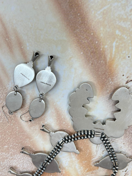 Handmade Sterling Silver Number 8 Turquoise Necklace Earrings Set, Signed Nizhoni