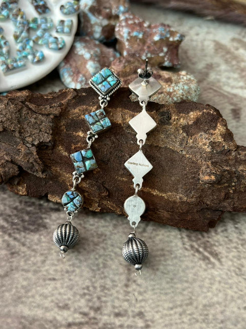 Handmade Sterling Silver Golden Hills Cobble Collection Post Dangle Beaded Earrings "Signed Nizhoni"