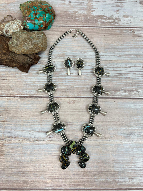 Handmade Sterling Silver Blackjack Turquoise Beaded Squash Blossom Necklace Earrings Set with Signed Nizhoni