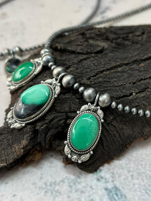 Handmade Sterling Silver Beaded Emerald Rose Necklace "Signed Nizhoni"