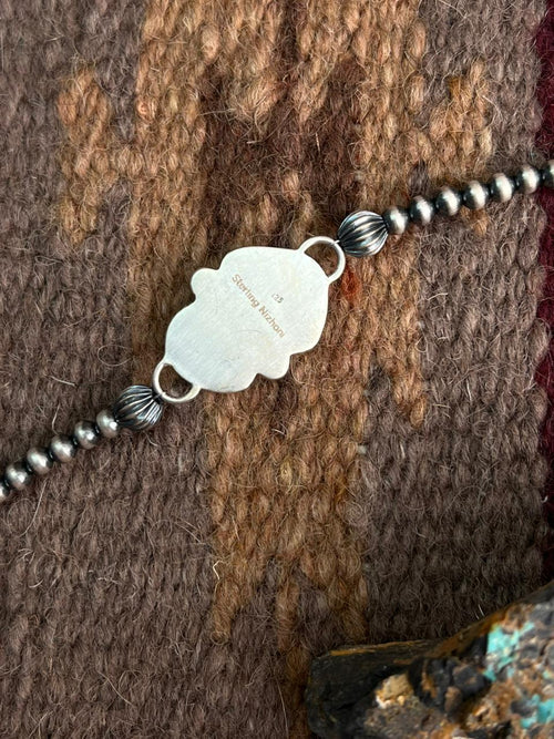 Handmade Sterling Silver Dahlia Rose with Emerald Valley Turquoise Beaded Bracelet "Signed Nizhoni"