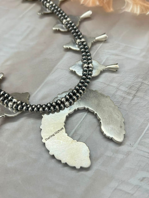 Handmade Sterling Silver Christmas Dahlia Collection: Beaded Squash Blossom Naja Necklace Signed Nizhoni