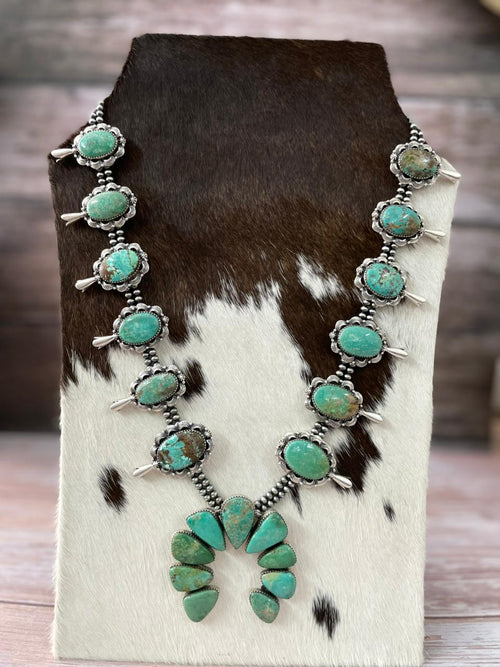 Handmade Sterling Silver Mantis Turquoise Beaded Squash Blossom Naja Necklace with Signed Nizhoni