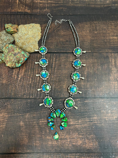 Handmade Sterling Silver Peacock Dahlia Beaded Necklace with Signed Nizhoni