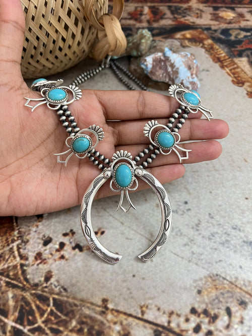 Handmade Sterling Silver Kingman Turquoise Beaded Squash Blossom Necklace with Signed Nizhoni