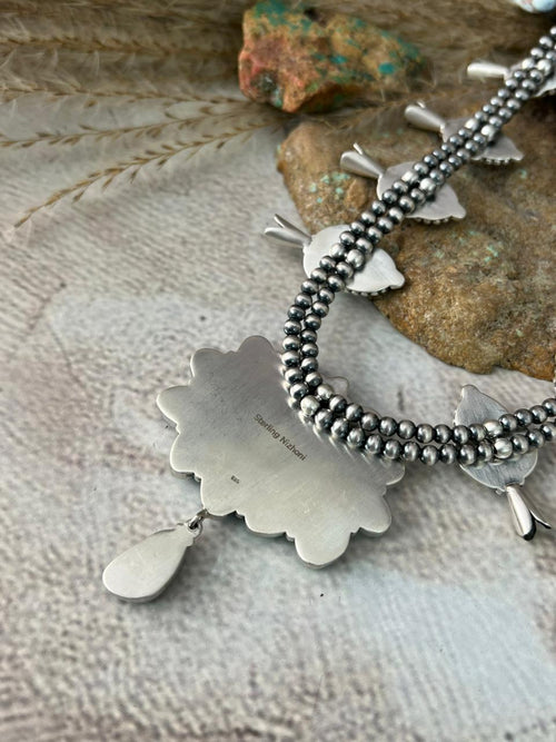 Handmade Sterling Silver Santa Maria Turquoise Squash Blossom Beaded Necklace "Signed Nizhoni"