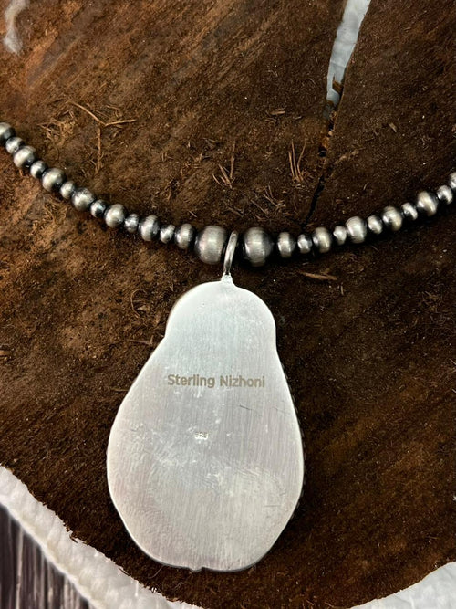 Handmade Sterling Silver Beaded Mantis Turquoise Necklace "Signed Nizhoni"