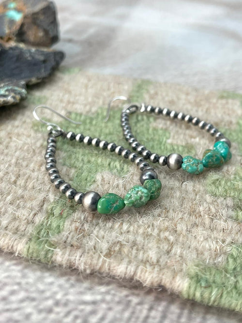 Handmade Sterling Silver Beaded Emerald Valley Hook Hoop Earrings