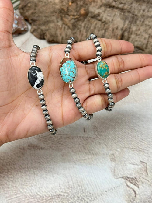 Handmade Sterling Silver Beaded Multi Stone Chain Bracelet with Signed Nizhoni