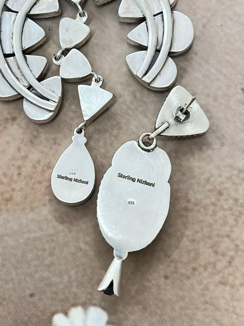 Handmade Sterling Silver Ribbon Royston Beaded Squash Blossom Necklace Earrings Set, Signed Nizhoni