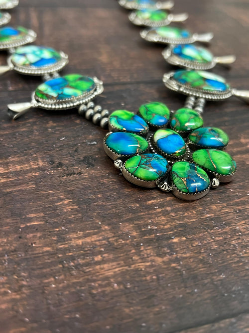 Handmade Sterling Silver Peacock Dahlia Beaded Necklace with Signed Nizhoni