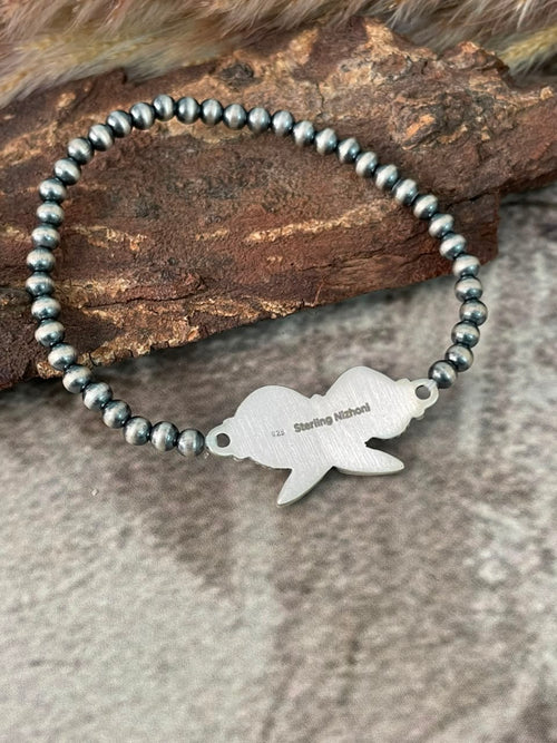 Handmade Sterling Silver Rosarita with Kingman Turquoise Cherry Stretchy Beaded Bracelet Signed Nizhoni