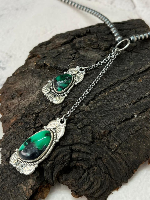 Handmade Sterling Silver Beaded Emerald Rose Necklace "Signed Nizhoni"