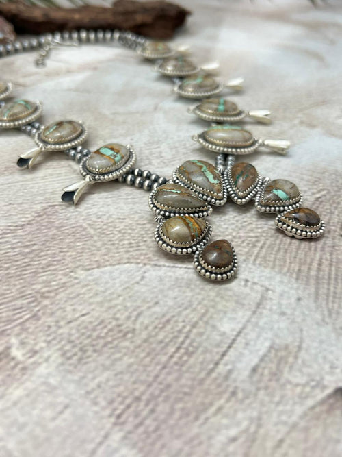 Handmade Sterling Silver Royston Ribbon Turquoise Squash Blossom Beaded Necklace with Signed Nizhoni