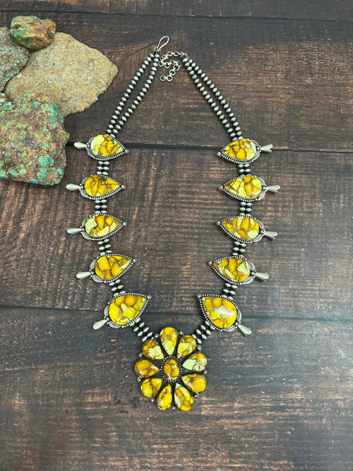 Handmade Sterling Silver Honey Dahlia Beaded Necklace with Signed Nizhoni