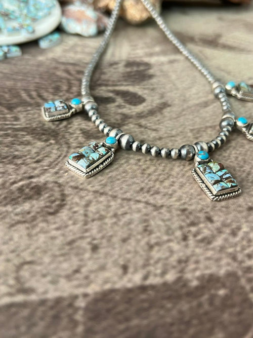 Handmade Sterling Silver 'Golden Hills Turquoise Cobble Collection' Beaded Necklace "Signed Nizhoni"