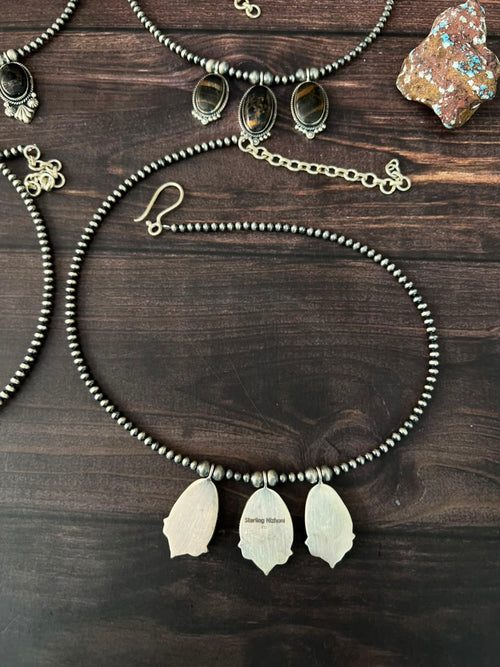 Handmade Sterling Silver Blackjack Turquoise Collection: Beaded Necklace Signed Nizhoni