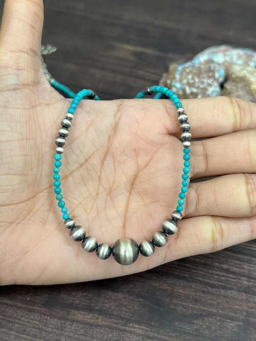 Handmade Sterling Silver Kingman Turquoise Beaded Necklace with Signed Nizhoni