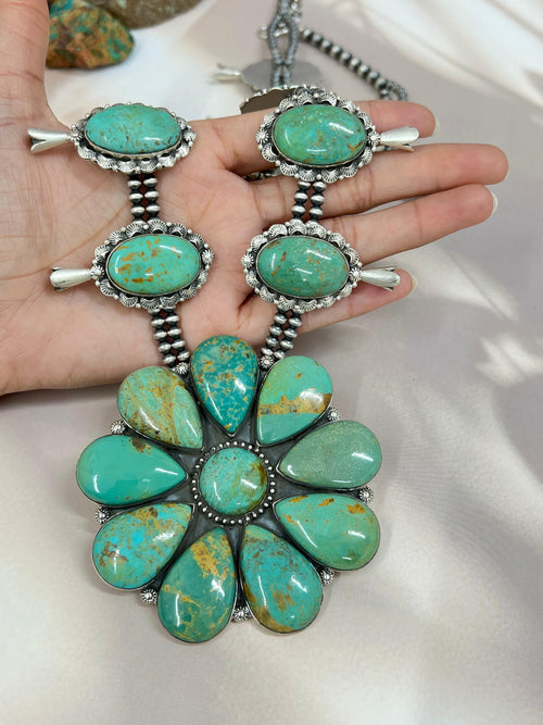 Handmade Sterling Silver Royston Turquoise Squash Blossom Necklace with Signed Nizhoni
