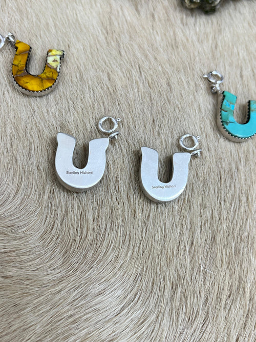 Handmade Horseshoe Sterling Silver Ice Blue Dahlia, Wild Horse, Kingman, Honey Dahlia Charms with Signed Nizhoni