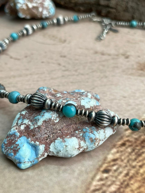 Handmade Sterling Silver Kingman Turquoise Beaded Necklace with Signed Nizhoni
