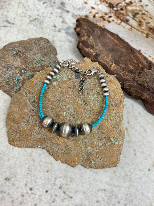 Handmade Sterling Silver Beaded Kingman Turquoise Bracelet with Signed Nizhoni