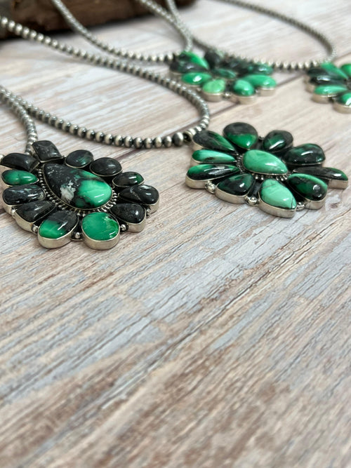 Handmade Sterling Silver Emerald Rose Necklace with Signed Nizhoni