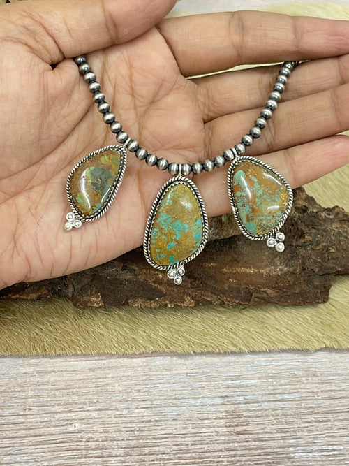 Handmade Sterling Silver Old Stock Royston Turquoise Beaded Necklace with Signed Nizhoni