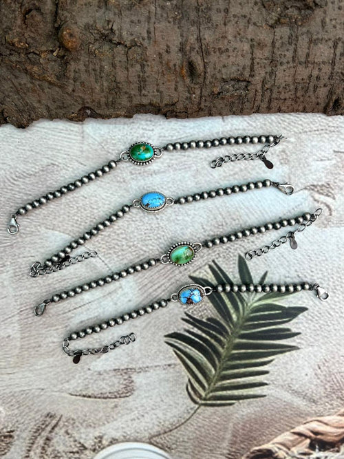 Handmade Sterling Silver Beaded Golden Hills, Sonoran Mountain Turquoise Chain Bracelet "Signed Nizhoni"