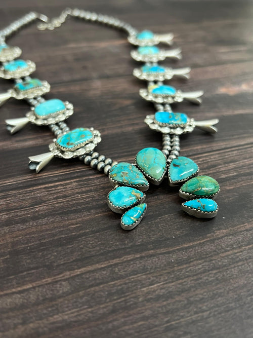 Handmade Sterling Silver South Hill Turquoise Beaded Necklace with Signed Nizhoni