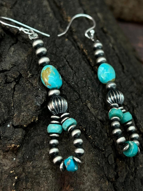 Handmade Sterling Silver Beaded Kingman with Mojave Hook Dangle Earrings