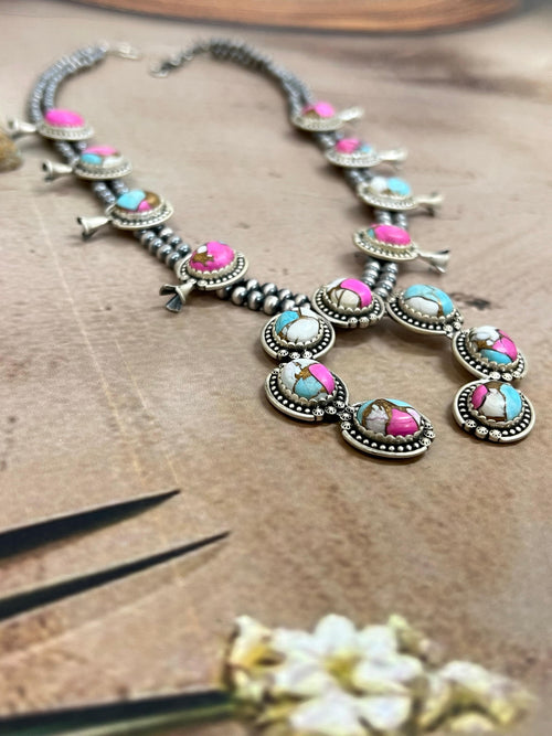 Handmade Sterling Silver Cotton Candy Turquoise Necklace with Signed Nizhoni