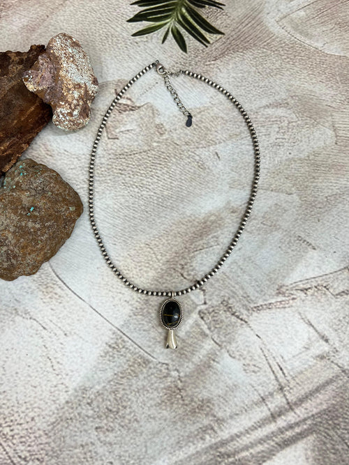 Handmade Sterling Silver Beaded Blackjack Turquoise Blossom Necklace Signed Nizhoni