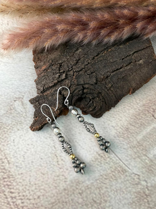 Handmade Sterling Silver Hook Dangle Gold Shiny Beaded Earrings