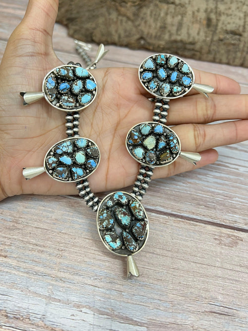 Handmade Sterling Silver Golden Hill Turquoise, Sonoran Mountain Turquoise Squash Blossom Beaded Necklace, Signed Nizhoni