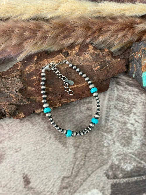 Handmade Sterling Silver Kingman Turquoise Beaded Chain Bracelet Signed Nizhoni